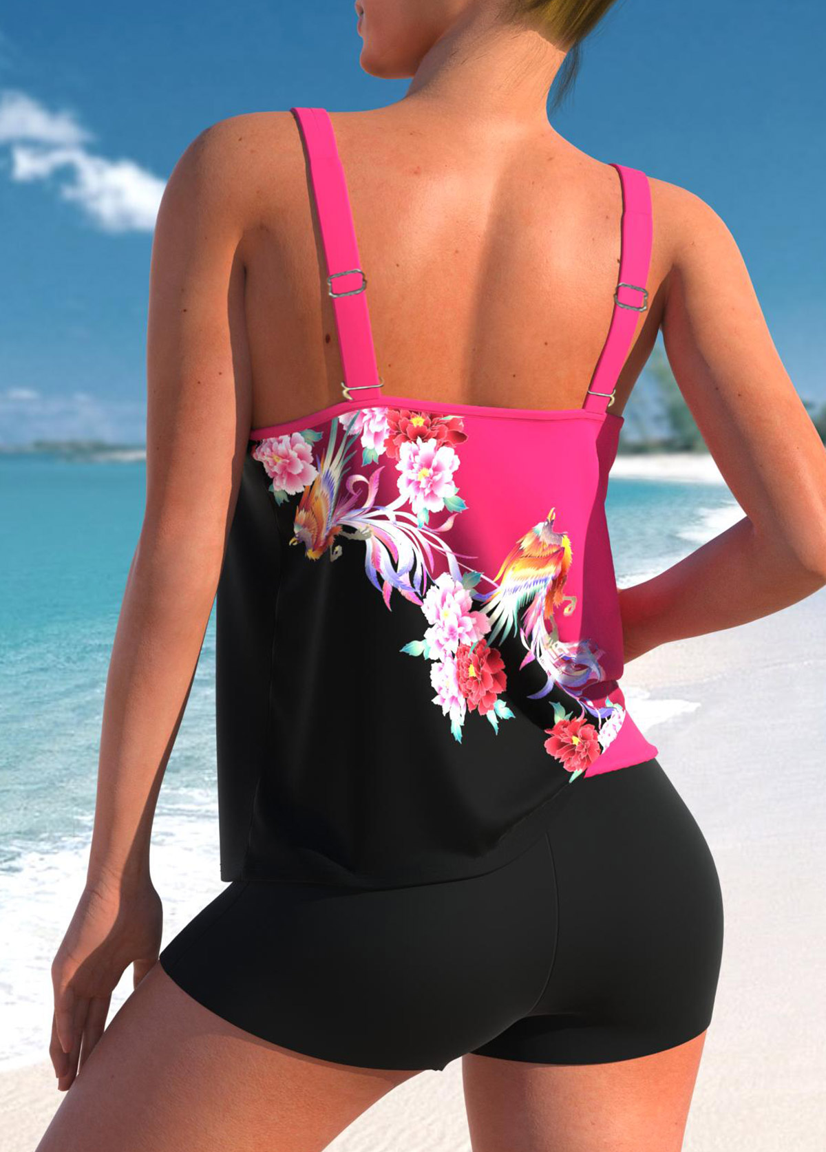 Floral Print Double Straps Rose Pink Tankini Top