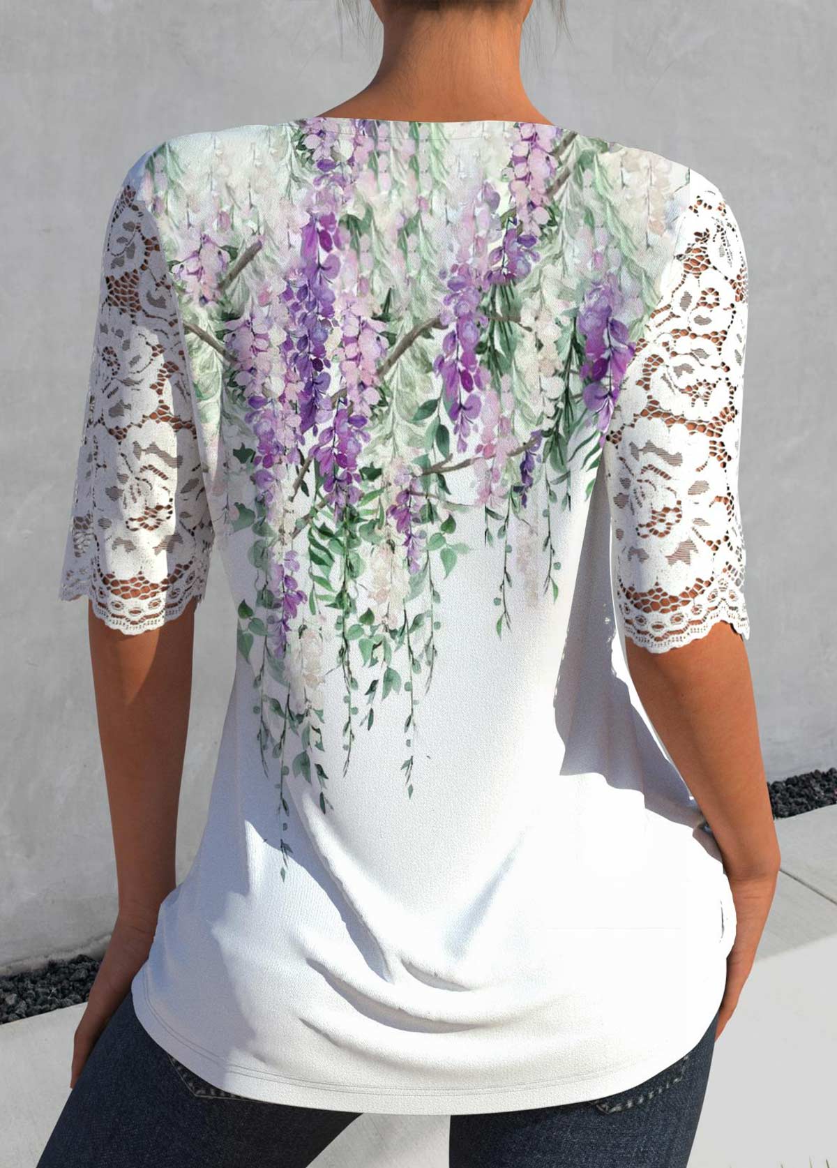 Floral Print Lace White Split Neck Blouse
