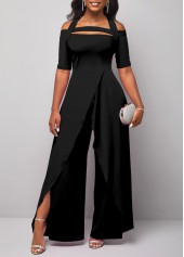 Cut Out Black Long Halter Cold Shoulder Jumpsuit