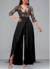 Floral Print Lace Patchwork Black Jumpsuit | Rosewe.com - USD $36.98
