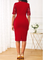 Patchwork Split Neck Wine Red Bodycon Dress