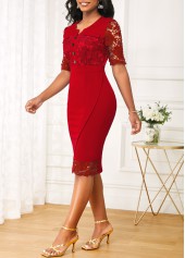 Patchwork Split Neck Wine Red Bodycon Dress