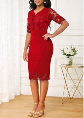Patchwork Split Neck Wine Red Bodycon Dress