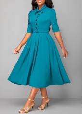 Half Sleeve Turquoise Tie Belted Dress