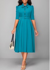 Half Sleeve Turquoise Tie Belted Dress
