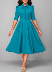 Half Sleeve Turquoise Tie Belted Dress