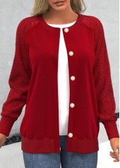 Lace Panel Red Button Up Round Neck Cardigan