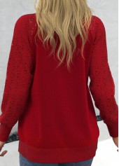 Lace Panel Red Button Up Round Neck Cardigan