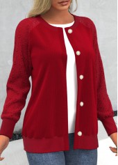 Lace Panel Red Button Up Round Neck Cardigan