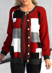 Long Sleeve Button Up Red Patchwork Cardigan