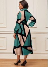Geometric Print Button Belted Turquoise Shirt Collar Dress
