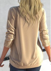 Champagne Square Neck Long Sleeve Sequin T Shirt