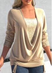 Champagne Square Neck Long Sleeve Sequin T Shirt