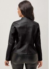 Zipper Stand Collar Long Sleeve Black Jacket