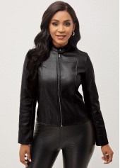 Zipper Stand Collar Long Sleeve Black Jacket