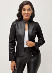 Zipper Stand Collar Long Sleeve Black Jacket