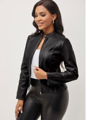 Zipper Stand Collar Long Sleeve Black Jacket