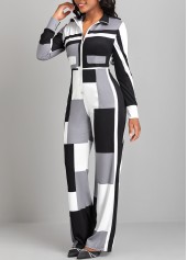 Geometric Print Zipper Black Long Stand Collar Jumpsuit