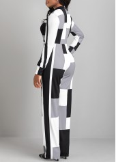 Geometric Print Zipper Black Long Stand Collar Jumpsuit