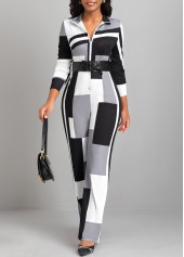 Geometric Print Zipper Black Long Stand Collar Jumpsuit