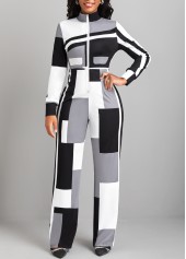 Geometric Print Zipper Black Long Stand Collar Jumpsuit