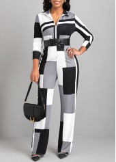 Geometric Print Zipper Black Long Stand Collar Jumpsuit