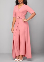 Belted Pink Short Sleeve V Neck Jumpsuit