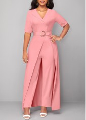 Belted Pink Short Sleeve V Neck Jumpsuit