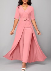 Belted Pink Short Sleeve V Neck Jumpsuit
