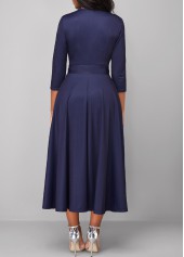 Plaid Button Belted Navy Turn Down Collar Dress