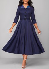 Plaid Button Belted Navy Turn Down Collar Dress