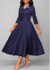 Plaid Button Belted Navy Turn Down Collar Dress