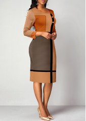 Geometric Print Patchwork Light Camel Bodycon Dress