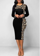 Leopard Patchwork Black Round Neck Bodycon Dress