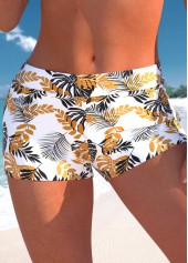 Leaf Print White High Waisted Swim Shorts