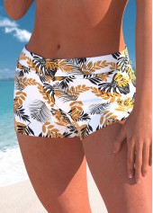 Leaf Print White High Waisted Swim Shorts
