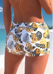 Leaf Print White High Waisted Swim Shorts