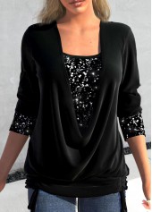 Sequin Square Neck Black Long Sleeve T Shirt