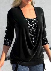 Sequin Square Neck Black Long Sleeve T Shirt