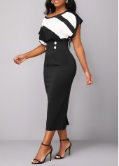 Geometric Print Button Black Boat Neck Bodycon Dress