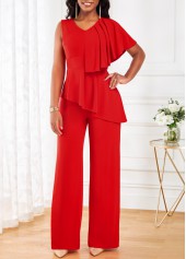 Red V Neck Sleeveless Ruffle Jumpsuit