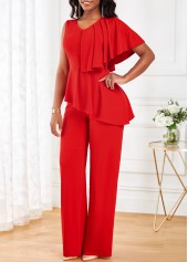 Red V Neck Sleeveless Ruffle Jumpsuit