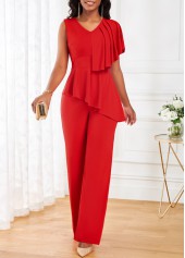 Red V Neck Sleeveless Ruffle Jumpsuit