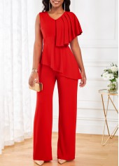 Red V Neck Sleeveless Ruffle Jumpsuit