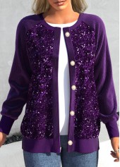 Dark Purple Round Neck Long Sleeve Sequin Cardigan