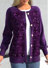 Dark Purple Round Neck Long Sleeve Sequin Cardigan