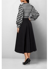 Houndstooth Print Belted Black Maxi Dress