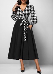 Houndstooth Print Belted Black Maxi Dress