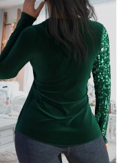 Blackish Green V Neck Sequin T Shirt
