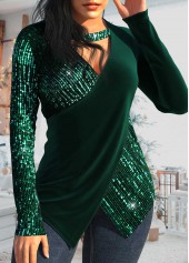 Blackish Green V Neck Sequin T Shirt